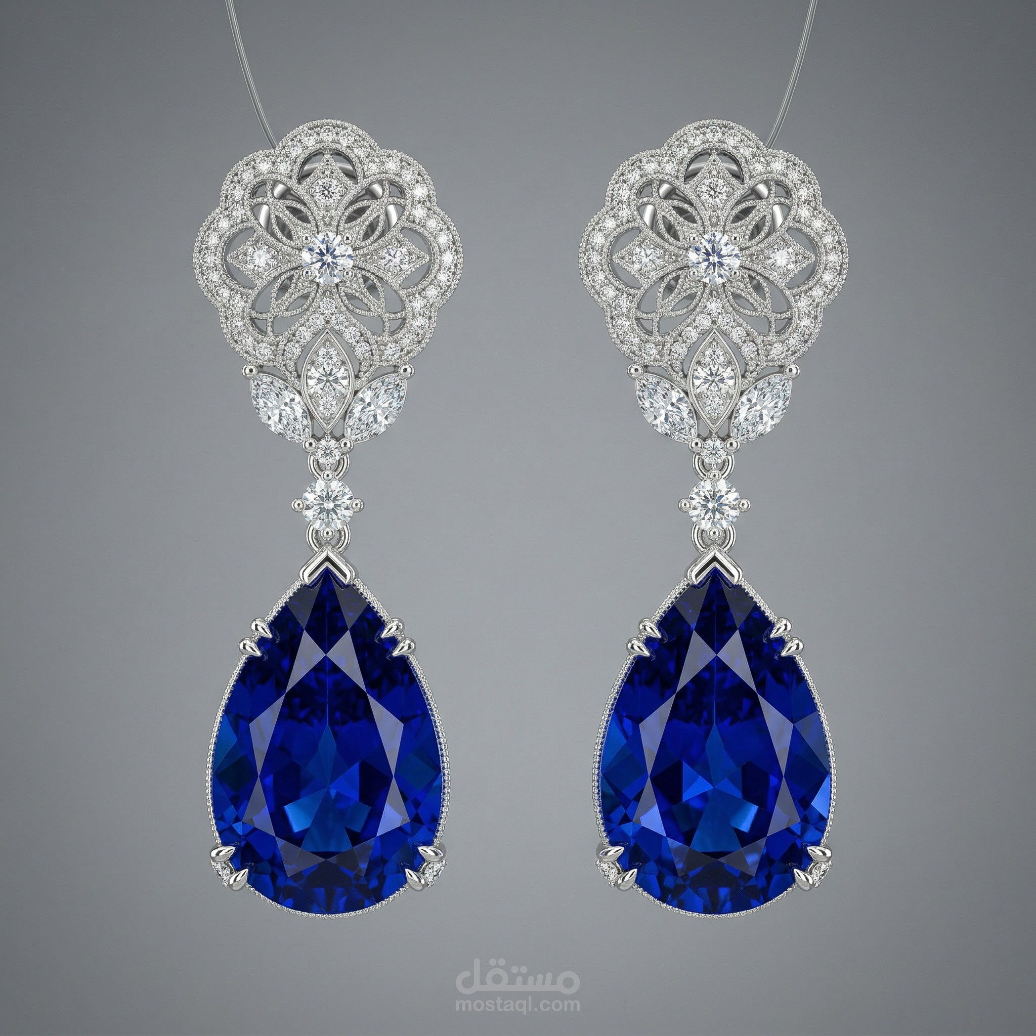 أقراط ملكية فاخرة (Drop Earrings) مرصعة بالياقوت الأزرق والألماس - تصميم 3D