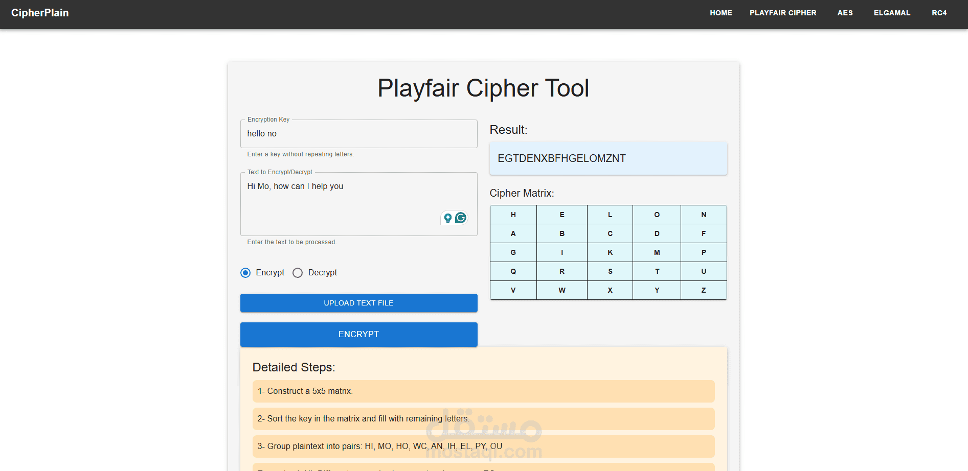 CipherPlain – تطبيق ويب لتشفير وفك تشفير النصوص باستخدام عدة خوارزميات بواجهة تفاعلية