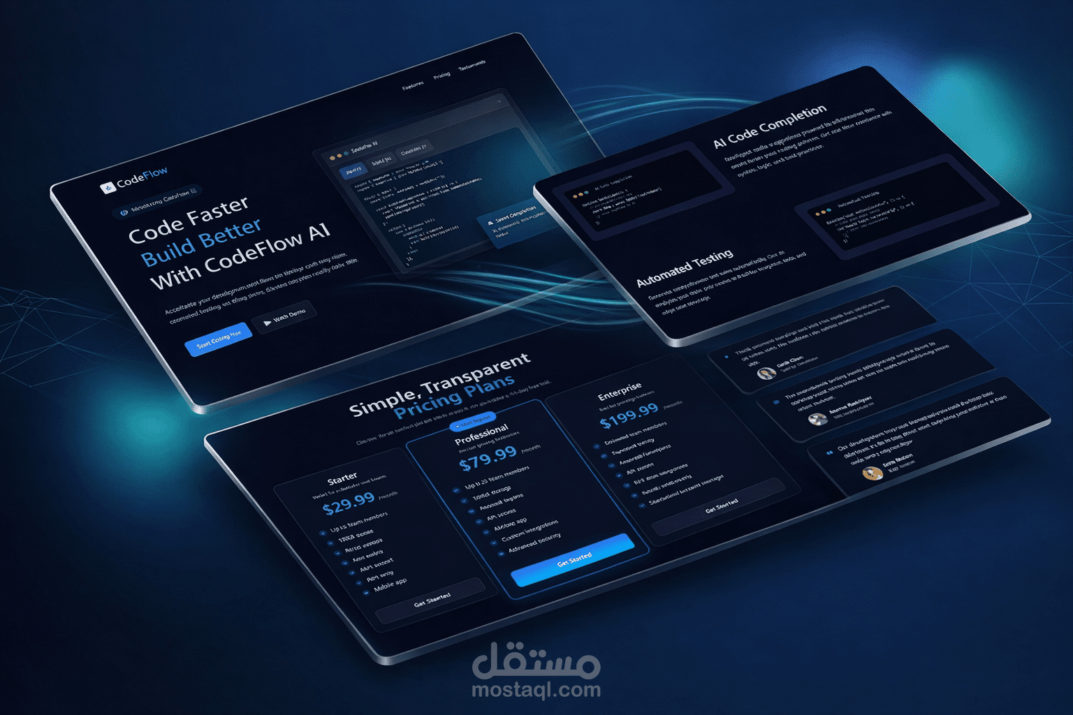 CodeFlow AI - واجهة هبوط عصرية وتفاعلية لمطورين (SaaS Landing Page)