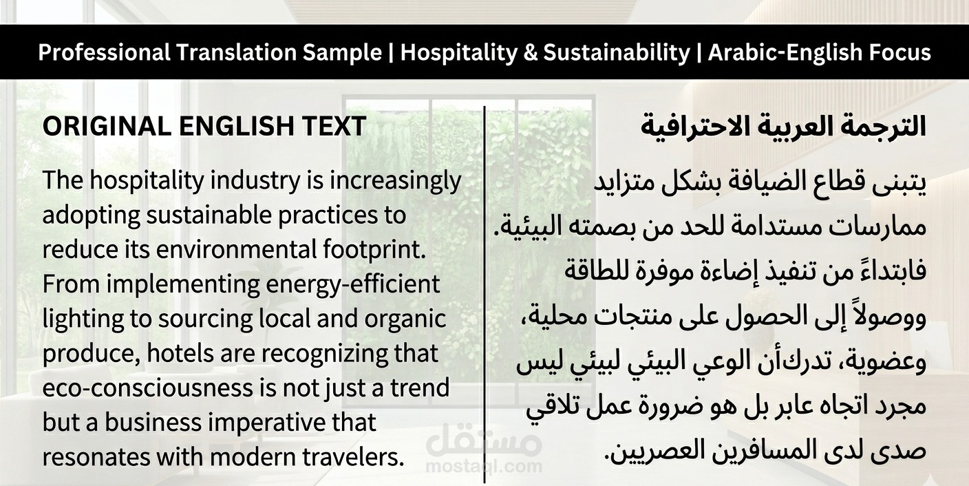 نموذج ترجمة في قطاع الضيافة (الاستدامة في الفنادق).