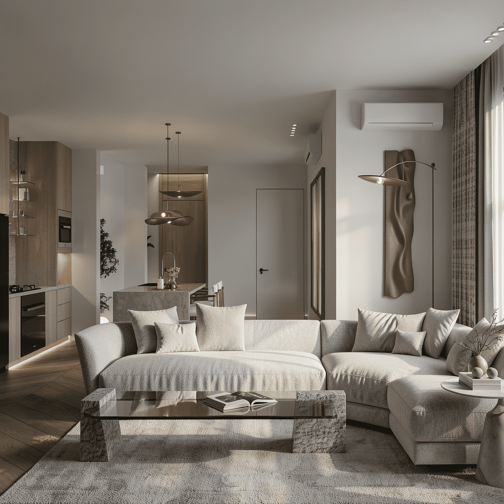 تصميم غرفة معيشة مع مطبخ صغير 3D- تصميم عالي الجودة