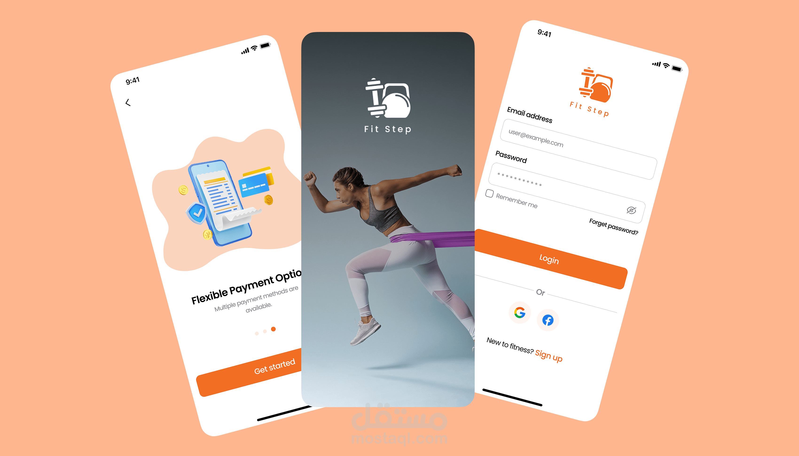 تصميم UI/UX لتطبيق لياقة بدنية متكامل (تتبع أنشطة + نظام حجز مدربين)