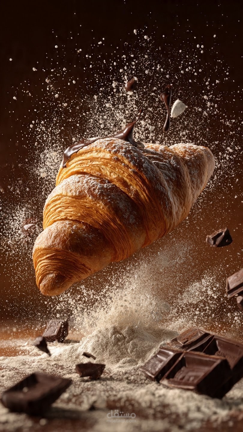 تصميم إعلاني فني لمنتجات المخابز والحلويات الفاخرة (Gourmet Croissant Concept)