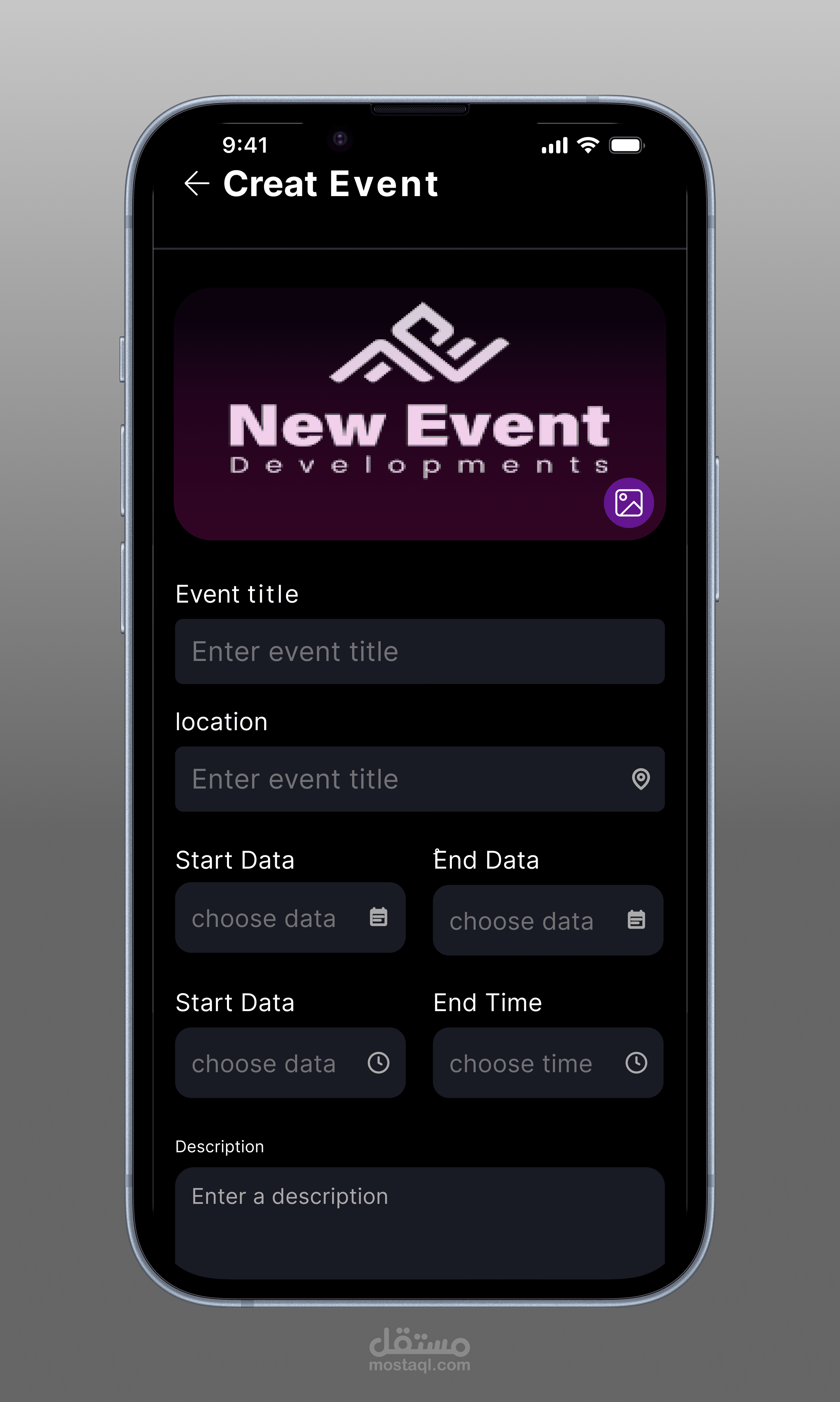 Event Planning App Interface - Dark Mode Concept
