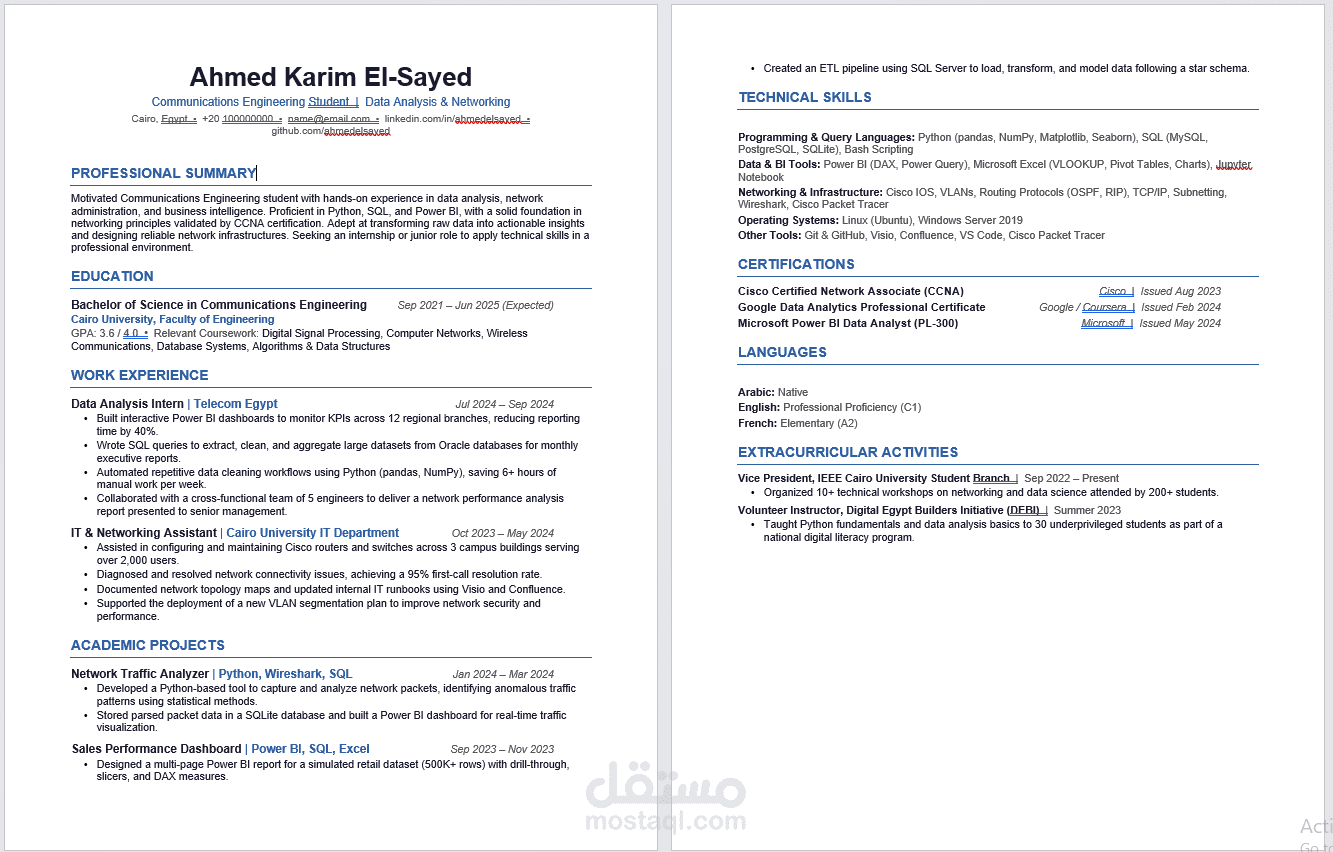 تصميم سيرة ذاتية (CV) احترافية متوافقة مع أنظمة الـ ATS باللغتين العربية او الإنجليزية