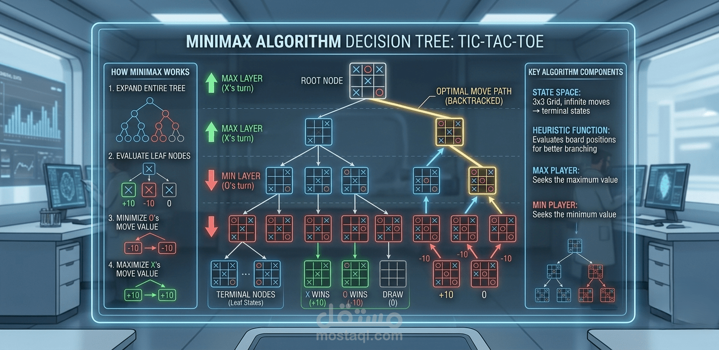 لعبة تيك تاك تو مع AI غير قابل للهزيمة - خوارزمية Minimax