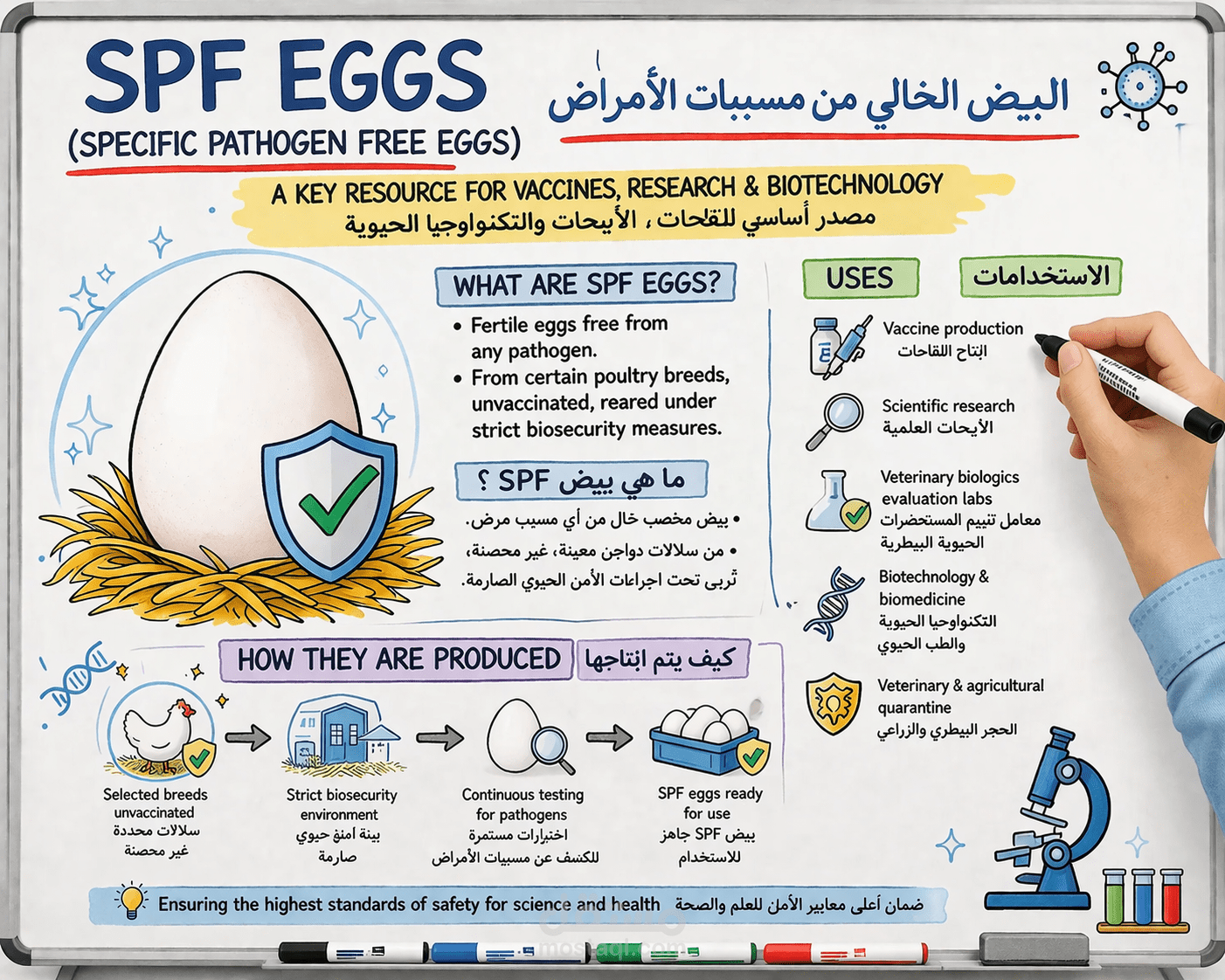 تبسيط مفهوم SPF Eggs واستخداماته في إنتاج اللقاحات بأسلوب Whiteboard تعليمي