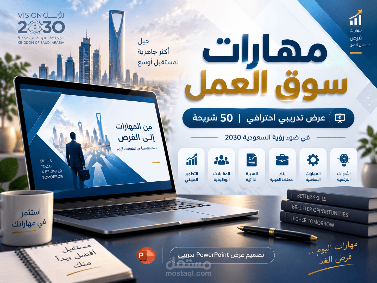 تصميم عرض PowerPoint تدريبي احترافي – مهارات سوق العمل ورؤية 2030