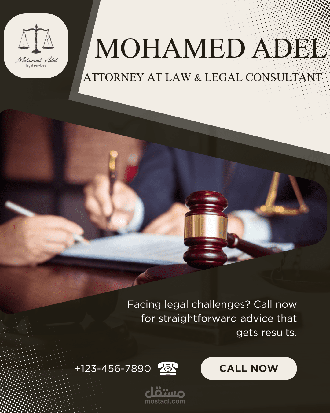 تصميم منشور دعائي لمحامي وخدمات قانونية بأسلوب حديث