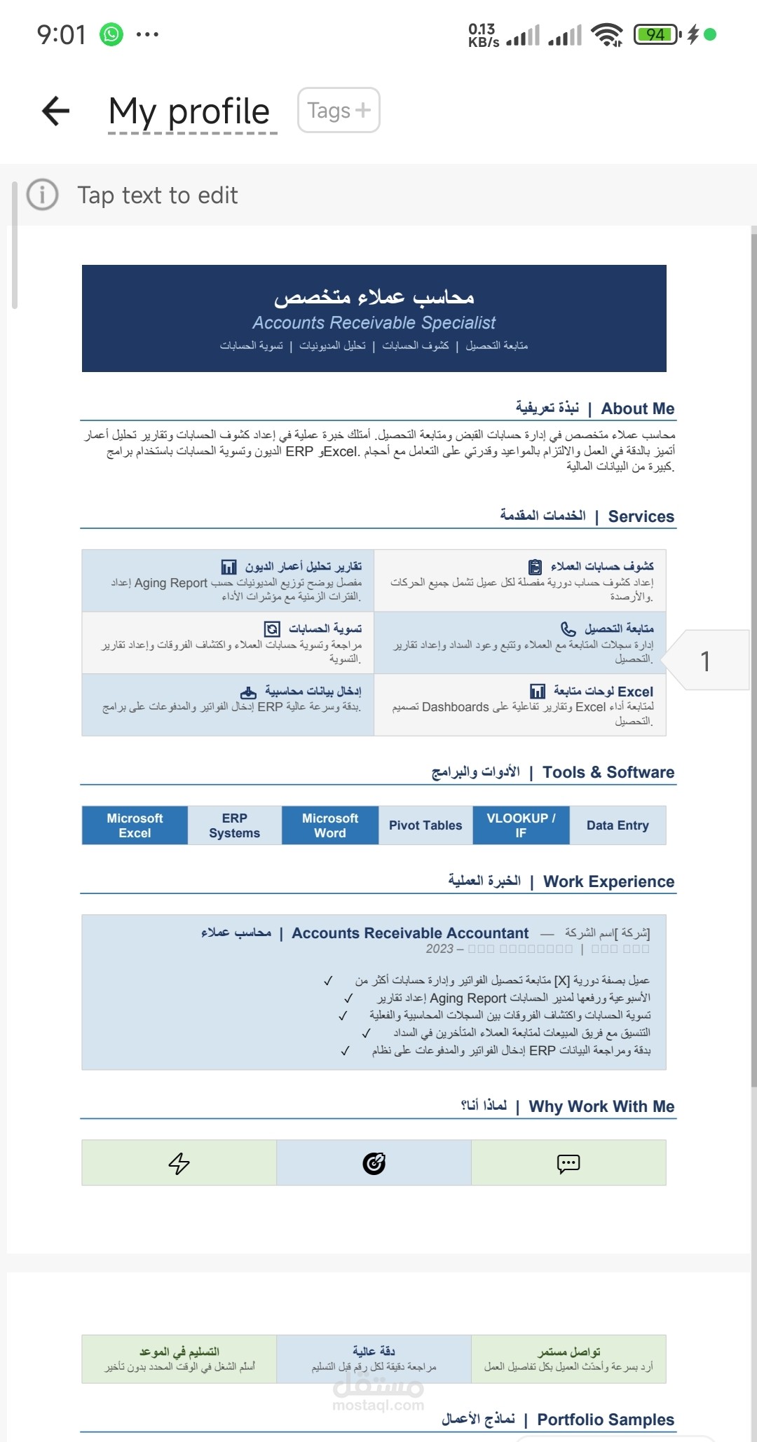 ملف بروفايل محاسب عملاء - AR Specialist Profile