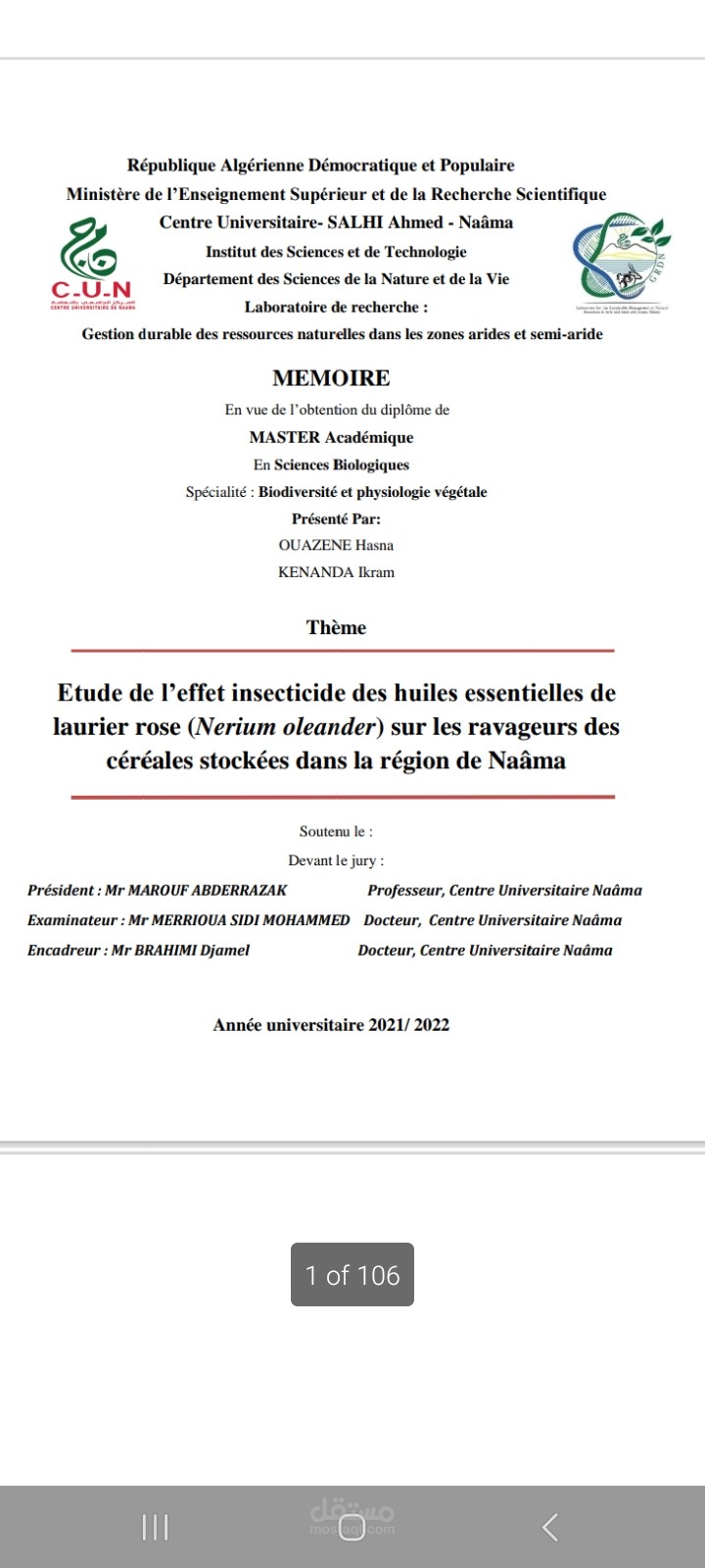 Etude de l’effet insecticide des huiles essentielles de Laurier rose (Nerium oleander) sur les ravageurs des céréales stockées dans la région de Naâma