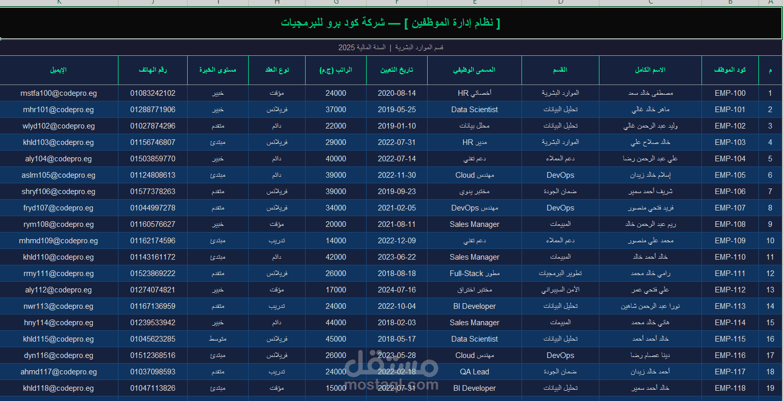 إدخال بيانات موظفين شركة على Excel