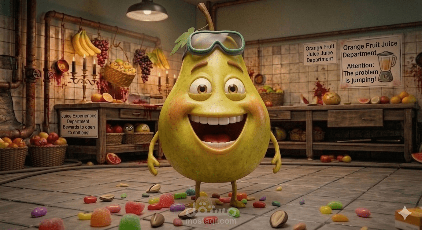 This is a still from a video of a comical pear showcasing its benefits in a charming and beautiful AI-generated scene.
