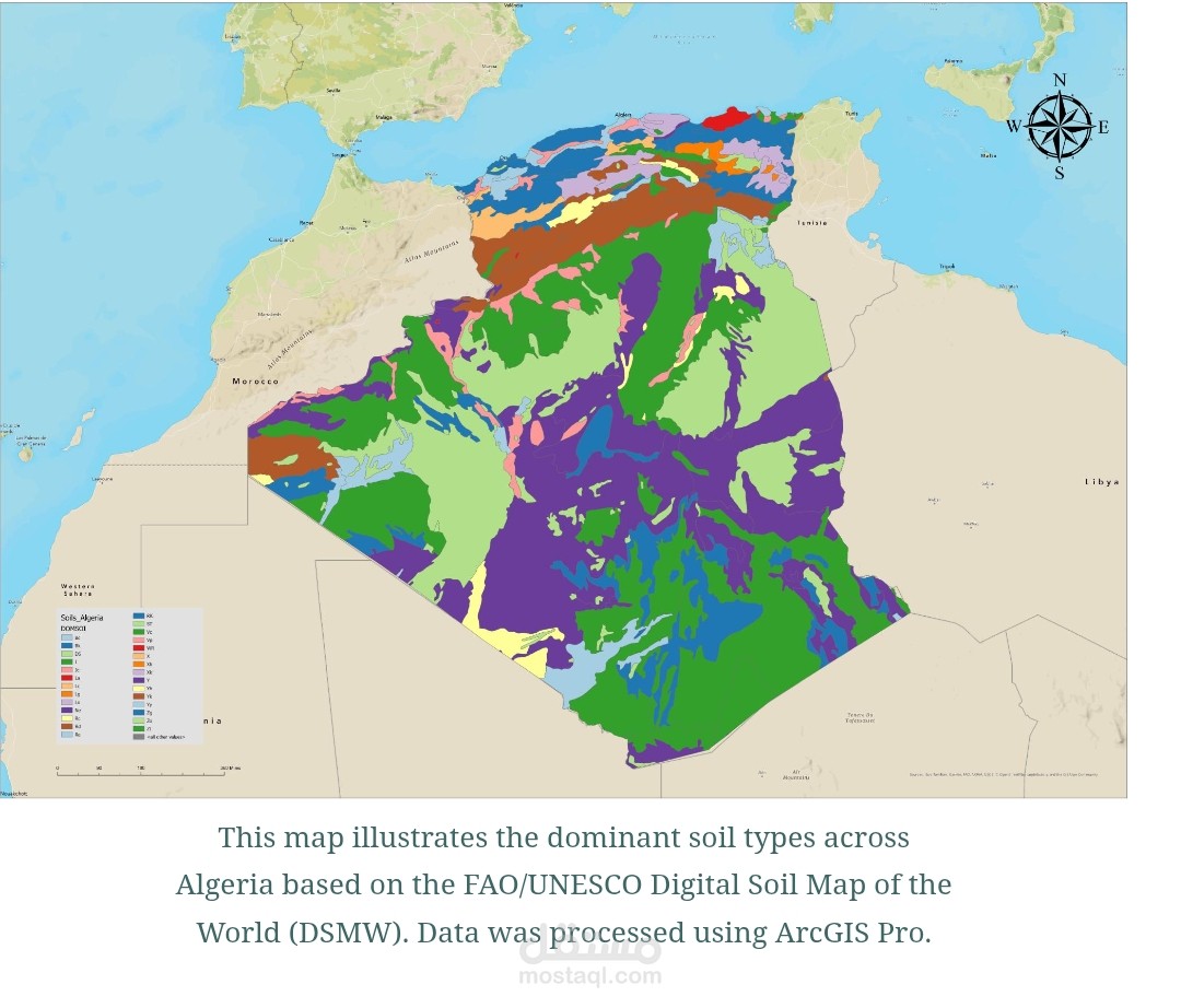 خريطة تصنيف التربة في الجزائر معدّة باستخدام بيانات FAO/UNESCO وبرنامج ArcGIS Pro. تُظهر الخريطة توزيع أنواع التربة عبر التراب الجزائري مع تصنيف دقيق لكل نوع. الأدوات المستخدمة: ArcGIS Pro | بيانات FAO/UNESCO