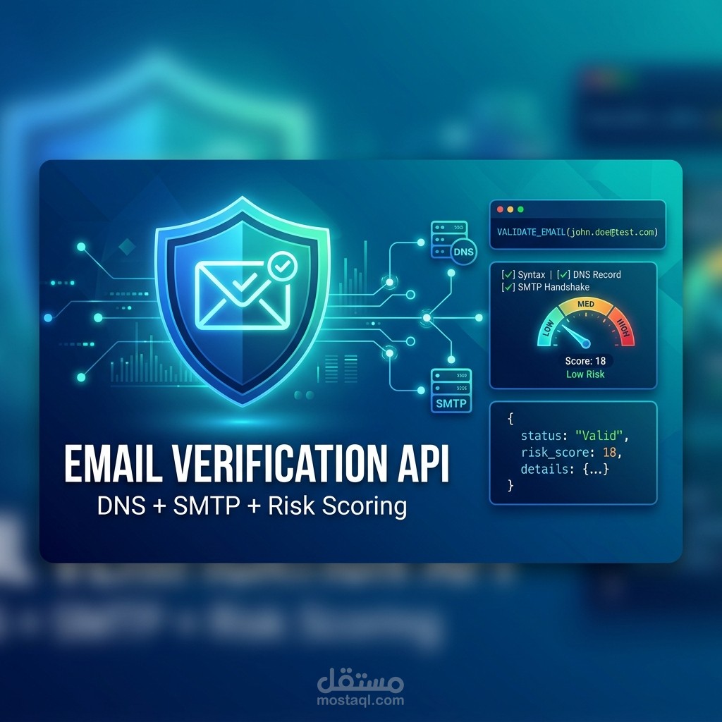 تطوير Email Verification API ذكي للتحقق من صحة الإيميلات وتقييم المخاطر.