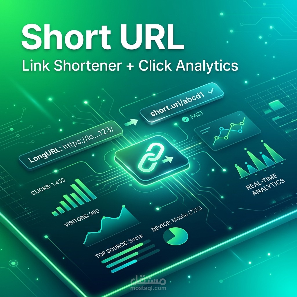 تطوير نظام Short URL احترافي مع لوحة تحكم وتحليلات نقرات.