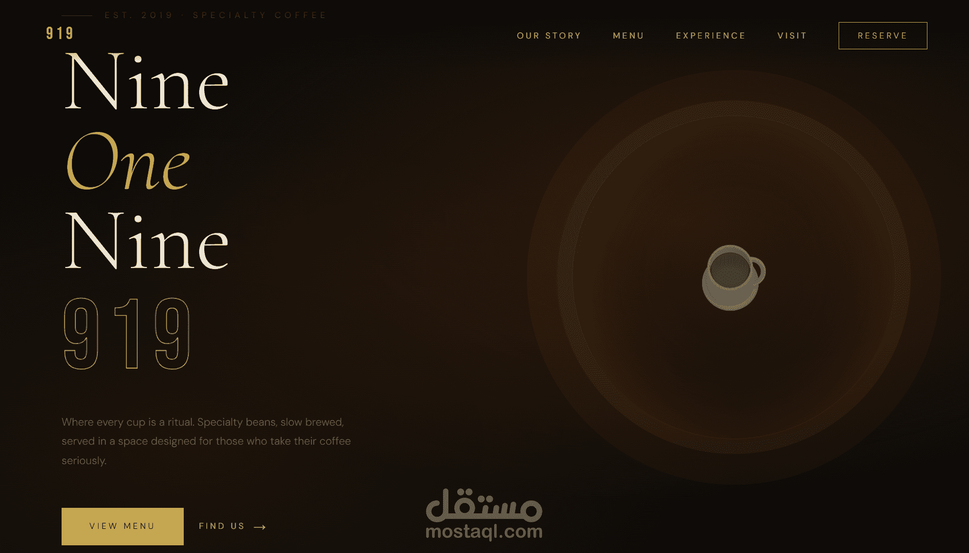تصميم وبرمجة واجهة سينمائية فاخرة لمقهى (919 Café).