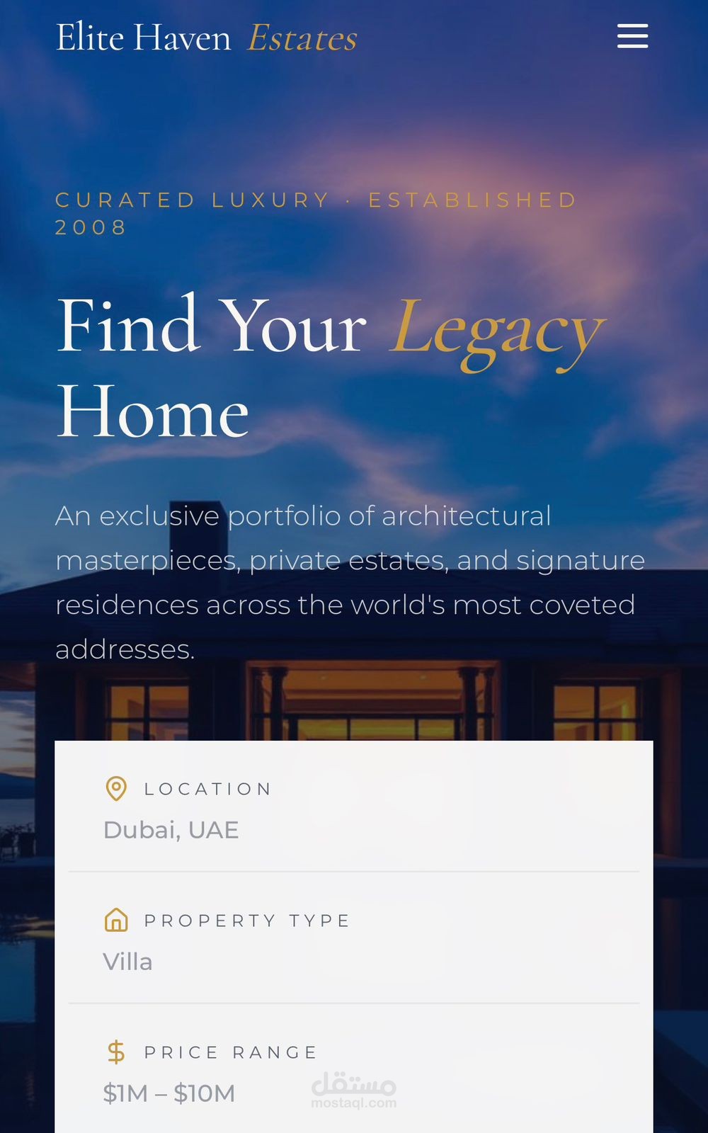 تصميم وتطوير صفحة هبوط فاخرة لشركة عقارات (Elite Haven Estates)