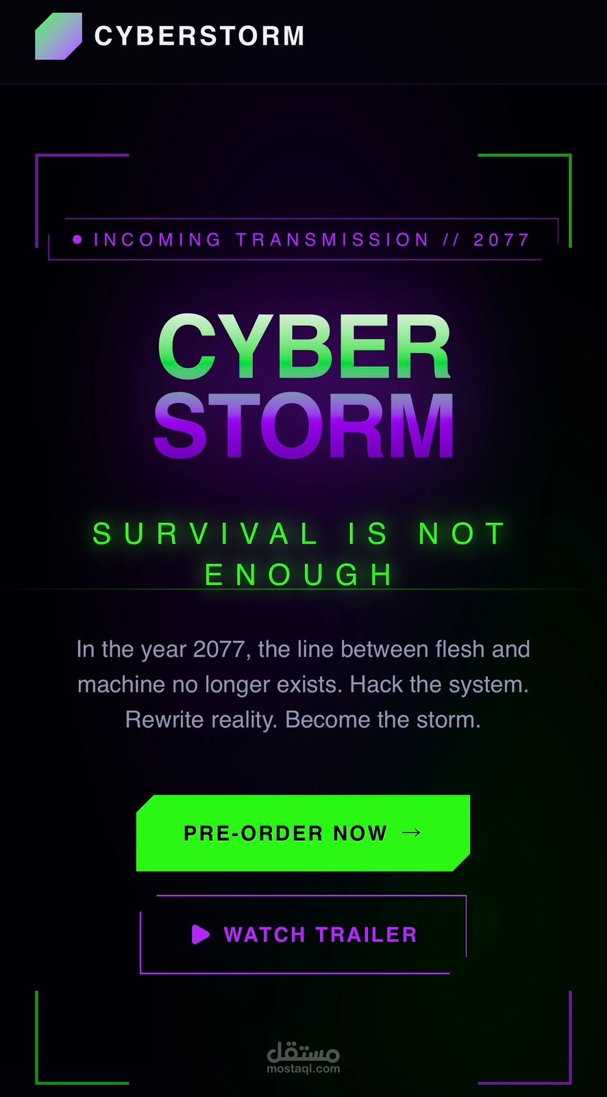تصميم و تطوير صفحة هبوط تفاعلية للالعاب (cyberstorm2077)