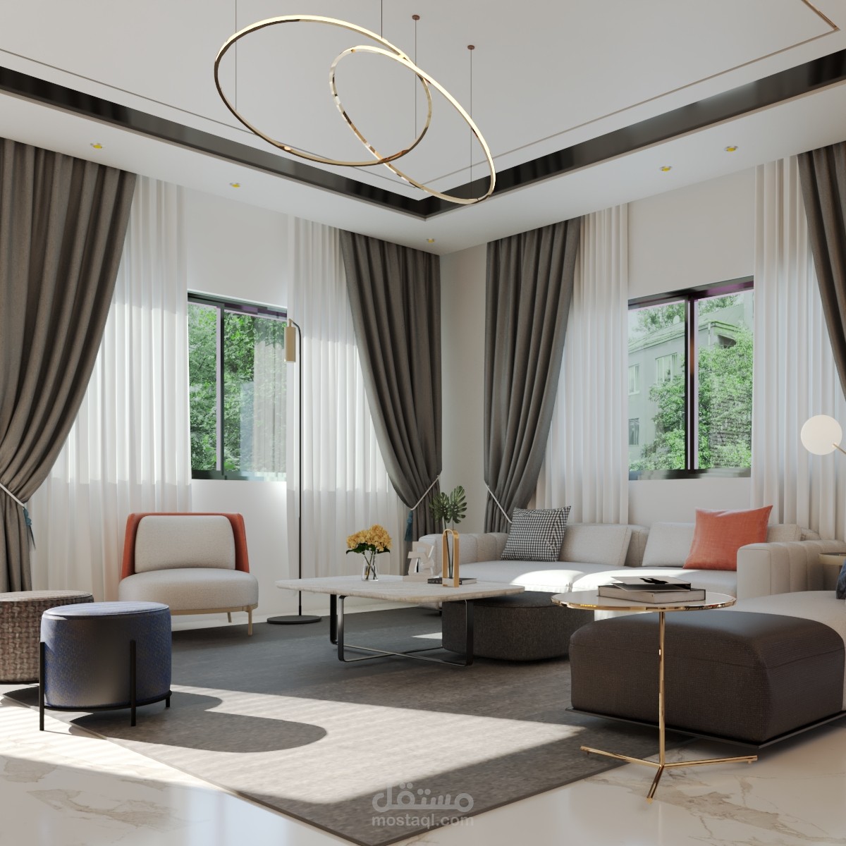 تصميم وإظهار صالة معيشة بنمط نيوكلاسيك عصري