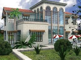 تصميم داخل وخارجي للمبنى مع حديقه وحمام سباحه