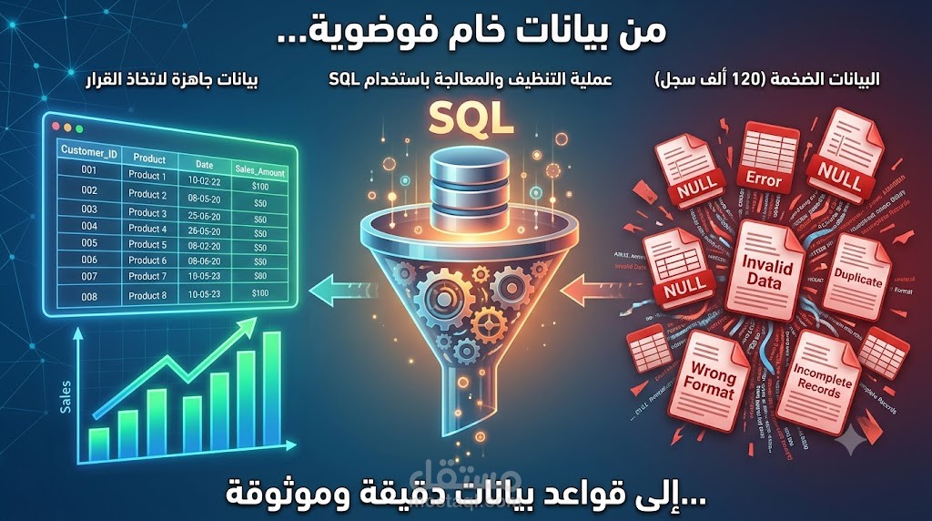 تنظيف ومعالجة البيانات الضخمة (120 ألف سجل) لضمان دقة التقارير (SQL)