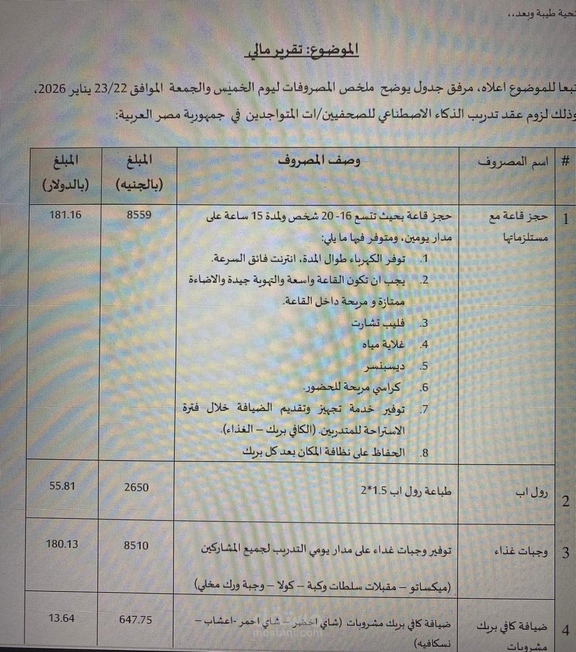 تقرير مالي للمصاريف