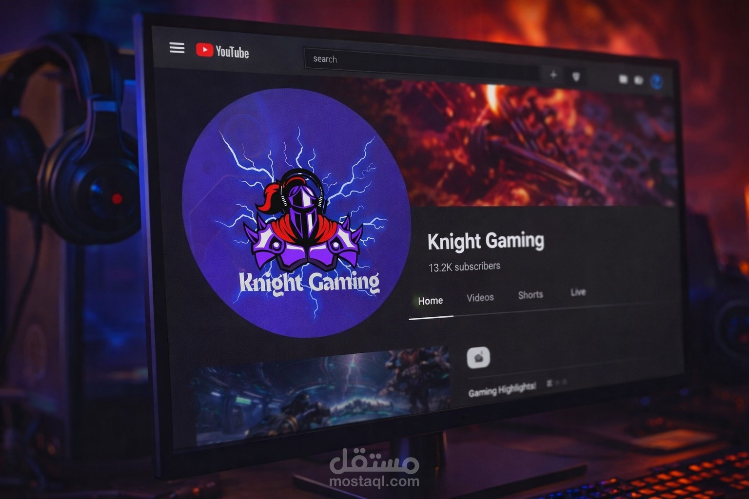 تصميم مبتكر لشعار قناة جيمنج يجمع بين طابع الفروسية الكلاسيكي وعناصر التكنولوجيا الحديثة. قمت بابتكار الشخصية من الصفر بدمج خوذة الفارس مع سماعات الرأس الاحترافية لخلق علامة تجارية مميزة تعلق في ذهن المشاهدين.