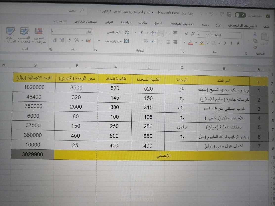 نموذج تدقيق و مطابقة مستخلصات مالية للمشاريع  الانشائية جدول" حصر كميات وتقييم بنود اعمال المقاولات