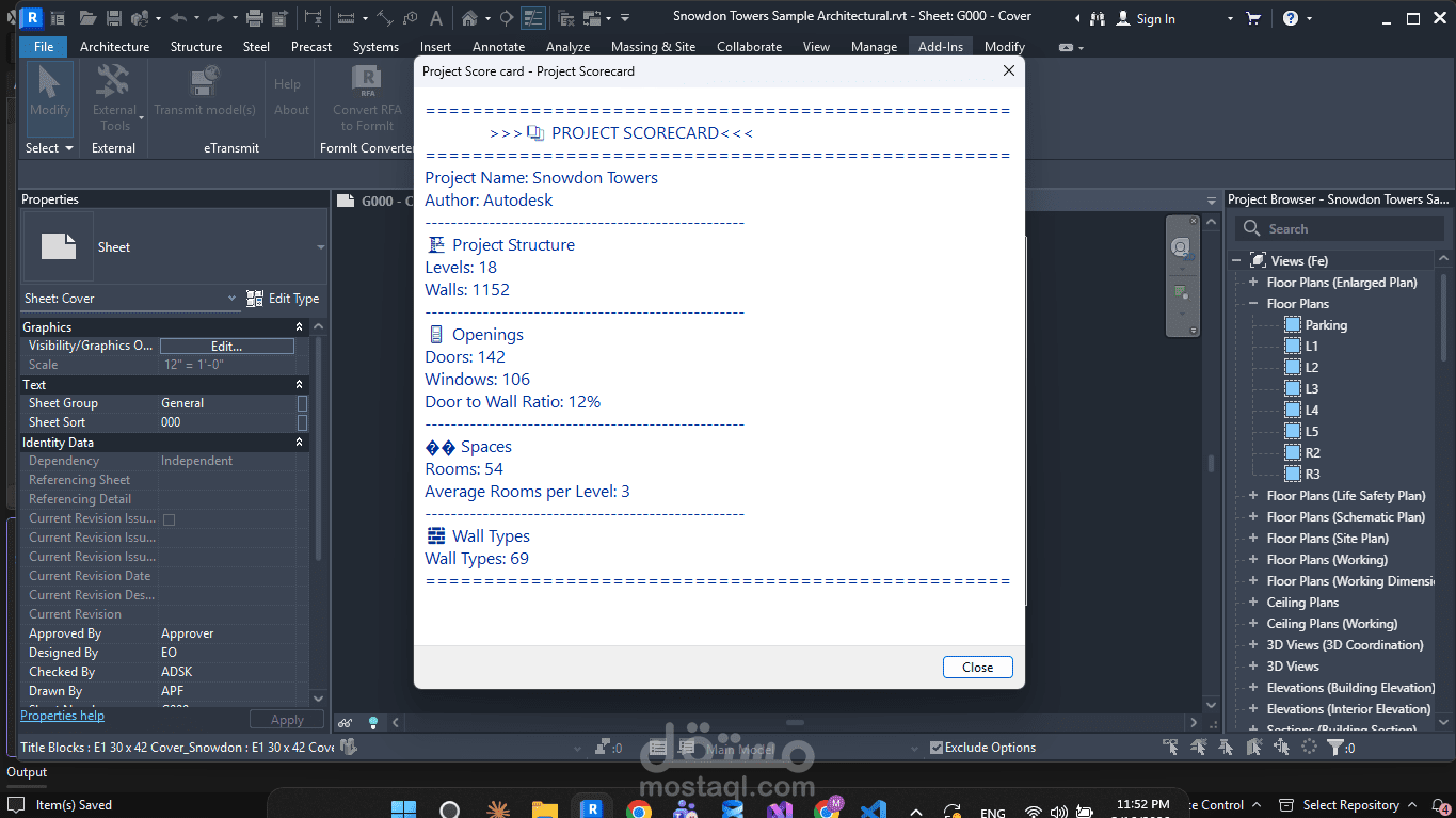Project Scorecard - أداة تلخيص نموذج Revit