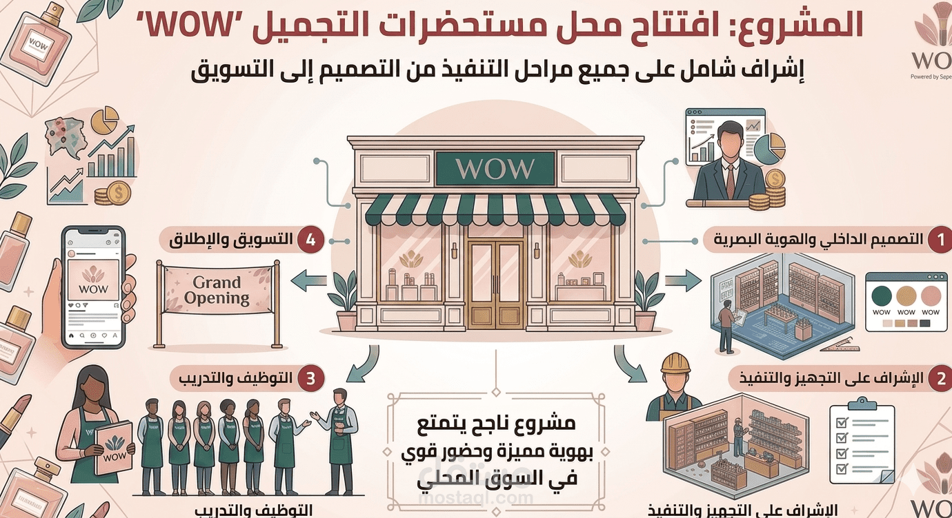 الإشراف على افتتاح محل مستحضرات التجميل شمل جميع مراحل التنفيذ من التصميم إلى التسويق، مما أدى إلى إطلاق مشروع ناجح يتمتع بهوية مميزة وحضور قوي في السوق المحلي