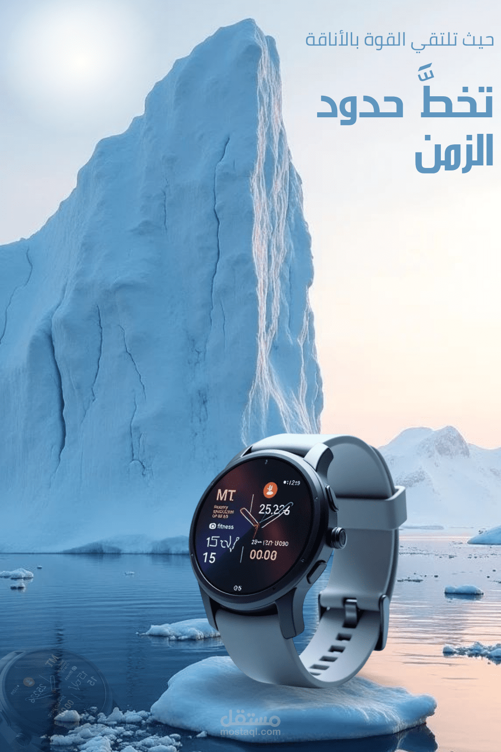 تصميم بوستر إعلاني لساعة ذكية في بيئة جليدية