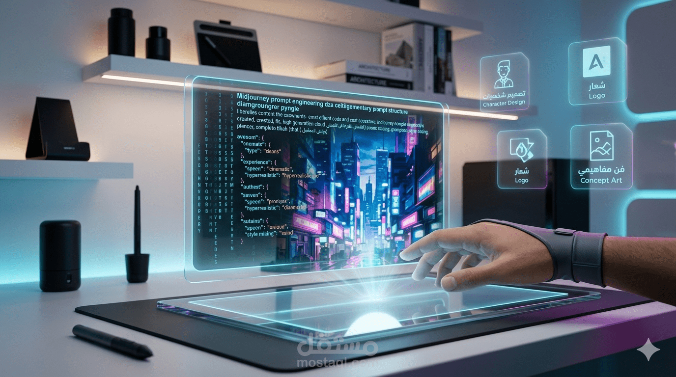 مصمم جرافيك وفنان ذكاء اصطناعي محترف. أقدم خدمات تصميم الهويات البصرية، الشعارات، وبوستات السوشيال ميديا بجودة سينمائية 4K. أعتمد على هندسة الأوامر لإنتاج صور حصرية ومبتكرة تخدم أهدافك التسويقية بدقة وسرعة فائقة.
