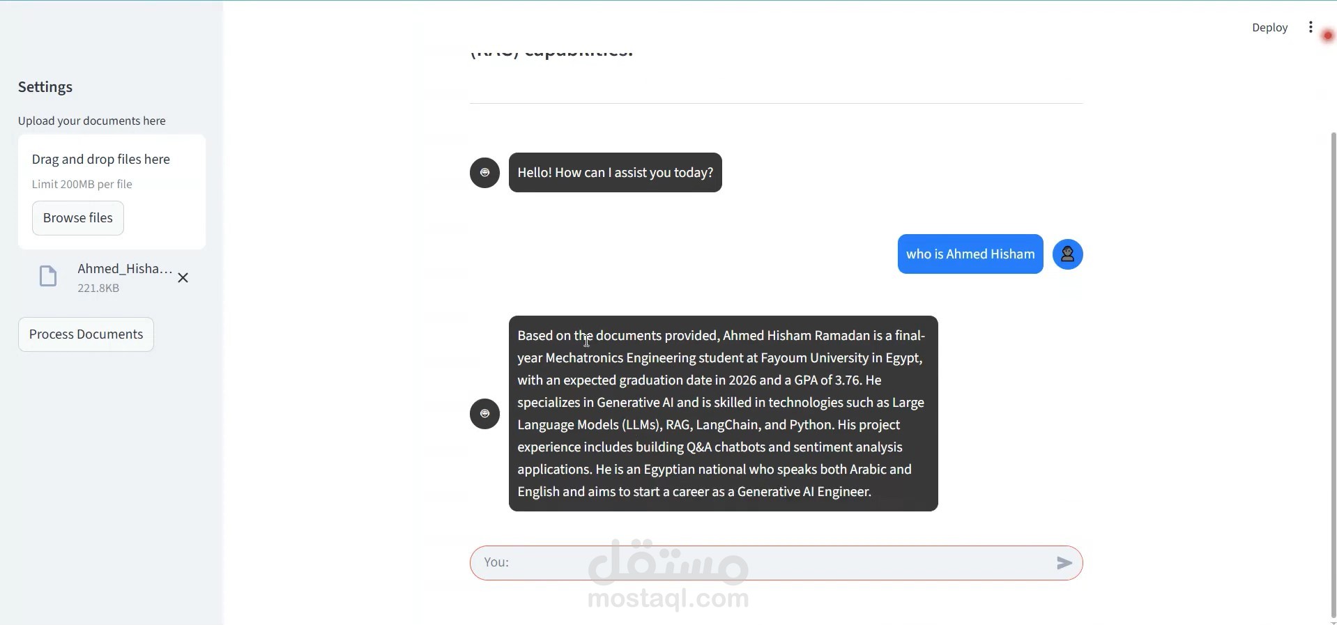 شات بوت ذكي يجيب على أسئلتك من ملفات PDF المرفوعة