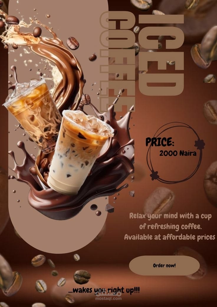 تصميم إعلان تجاري ديناميكي لمنتج "قهوة مثلجة"، يعتمد على فن الدمج الرقمي (Photo Manipulation) لخلق حركة بصرية حيوية. يبرز العمل الهوية البصرية من خلال تناغم الألوان البنية، مع التركيز على إثارة الرغبة في الشراء لدى الجمهور
