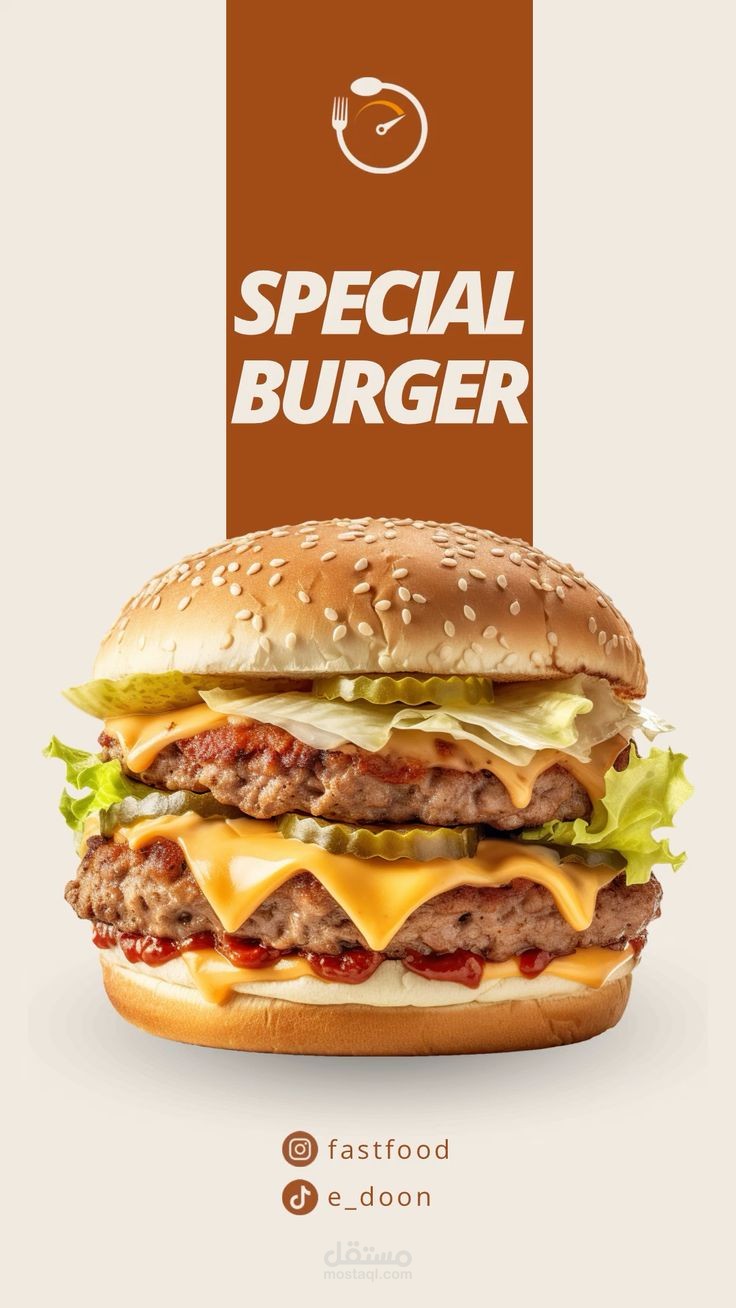 تصميم إعلان برجر دبل تشيز برجر مع قائمة طعام ورمز تعبيري لعلامة تجارية على خلفية بنية وbeige"