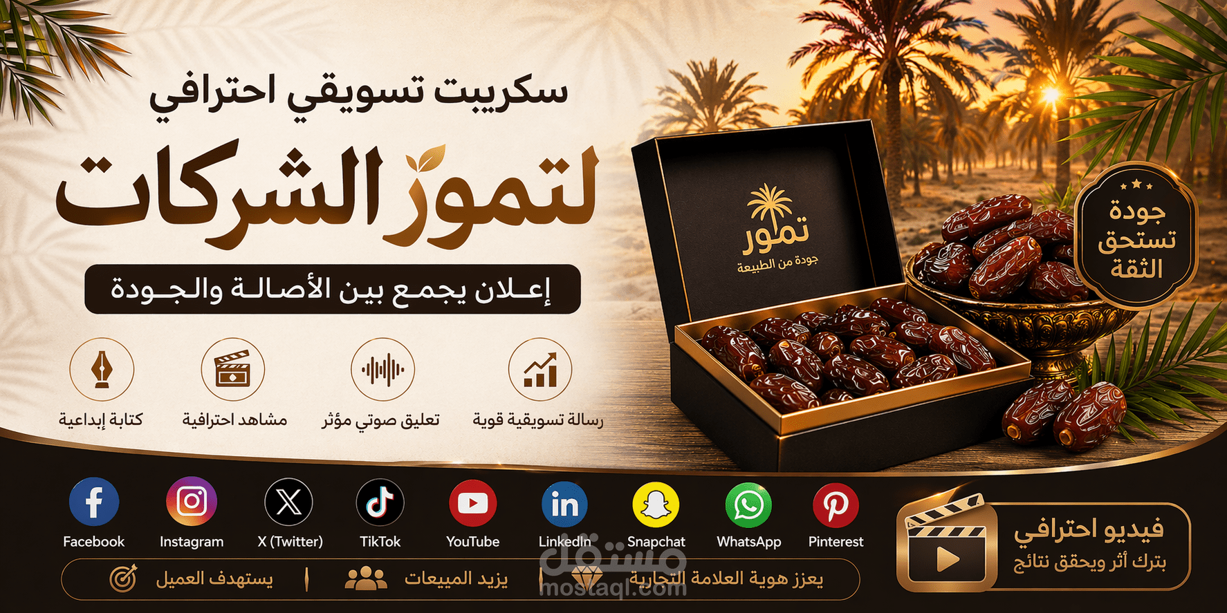 سكريبت تسويق احترافي لتمور – إعلان تجاري بصياغة إبداعية (نخيل، جودة، فخامة)