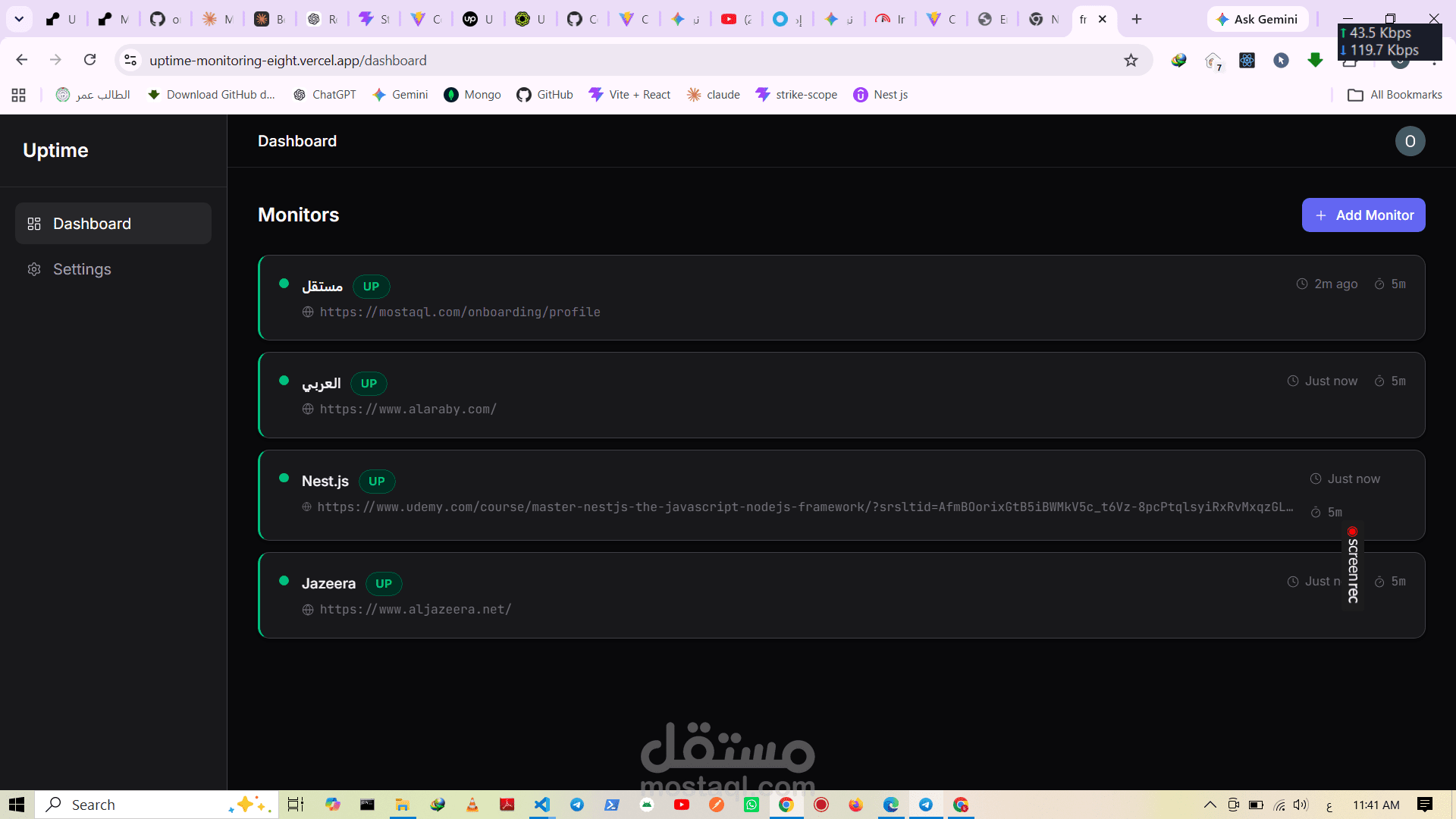 نظام مراقبة حالة المواقع Full-Stack Uptime Monitor