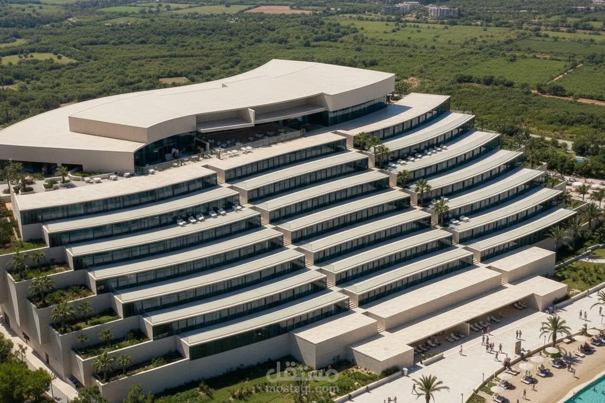 فندق سياحي على شاطئ بأرض مائلة