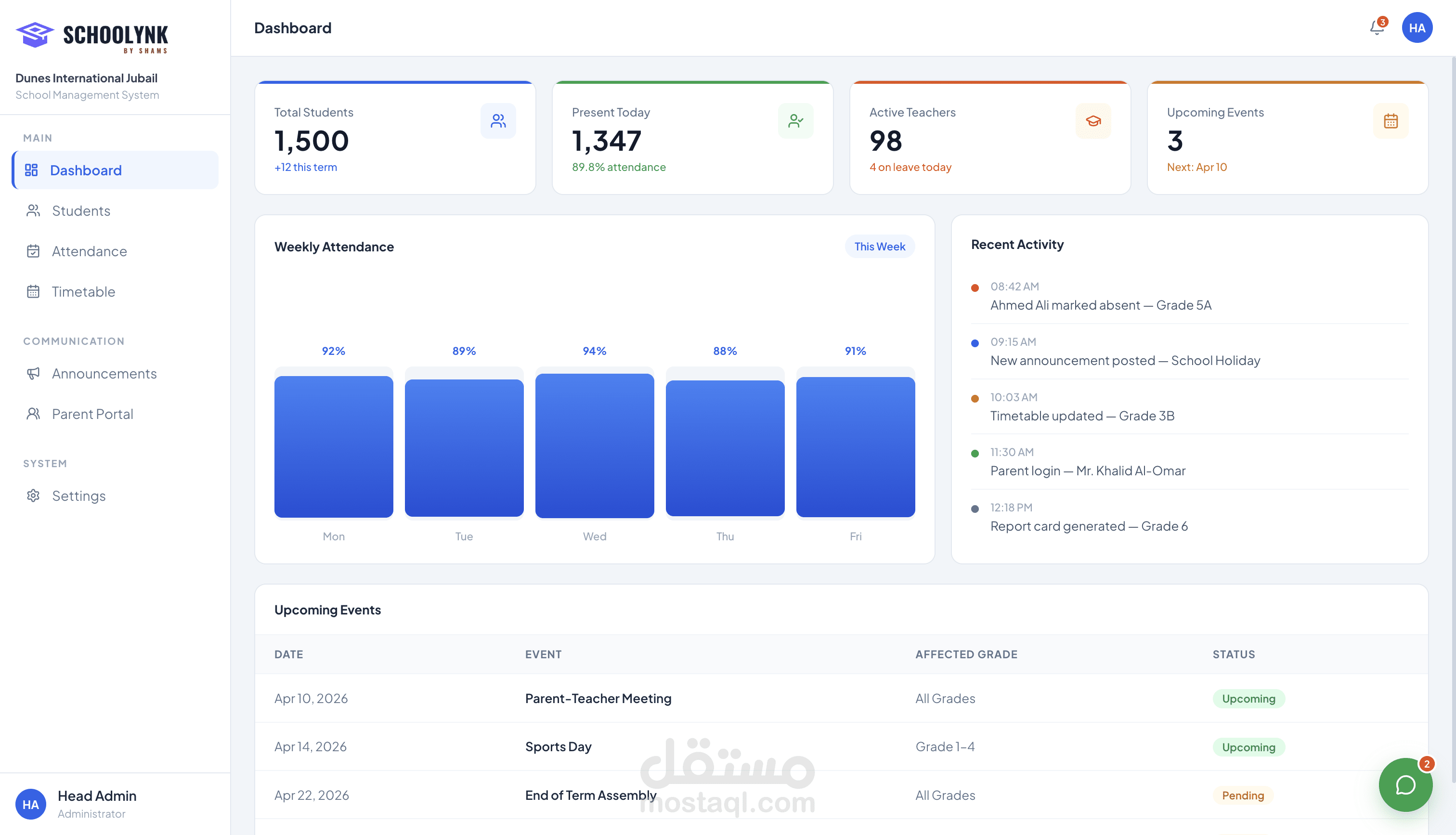 School Management System with Live Parent Communication — Jubail, KSA