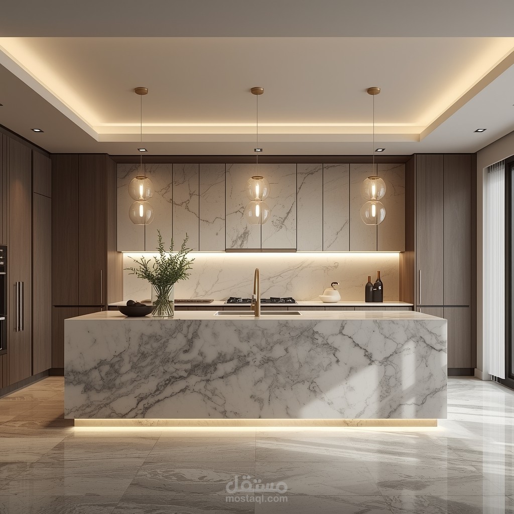 تصميم مطبخ عصري "مودرن" بنظام الخزائن المدمجة والإضاءة الذكية