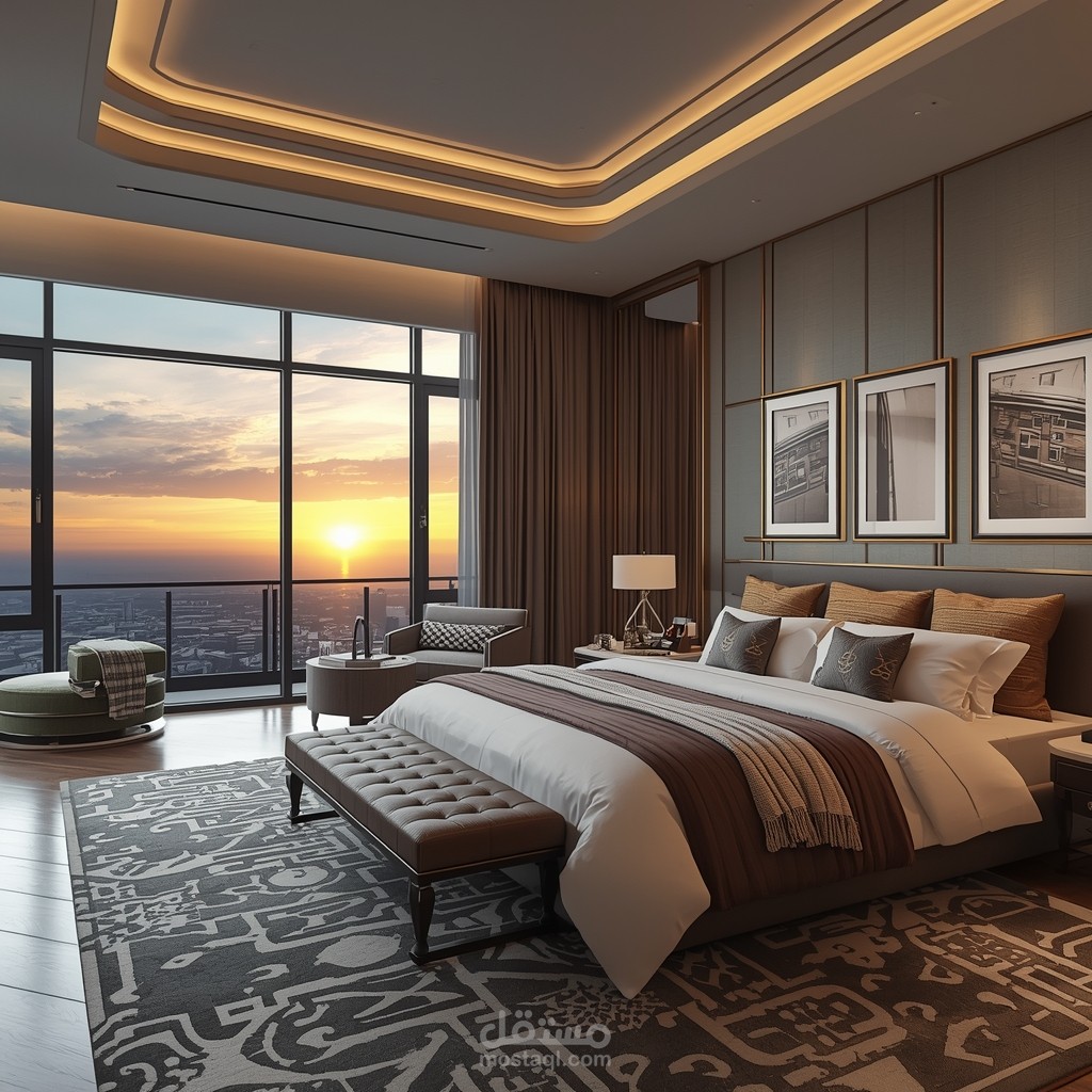 تصميم غرفة نوم رئيسية (Master Bedroom) بأسلوب الفنادق الفاخرة