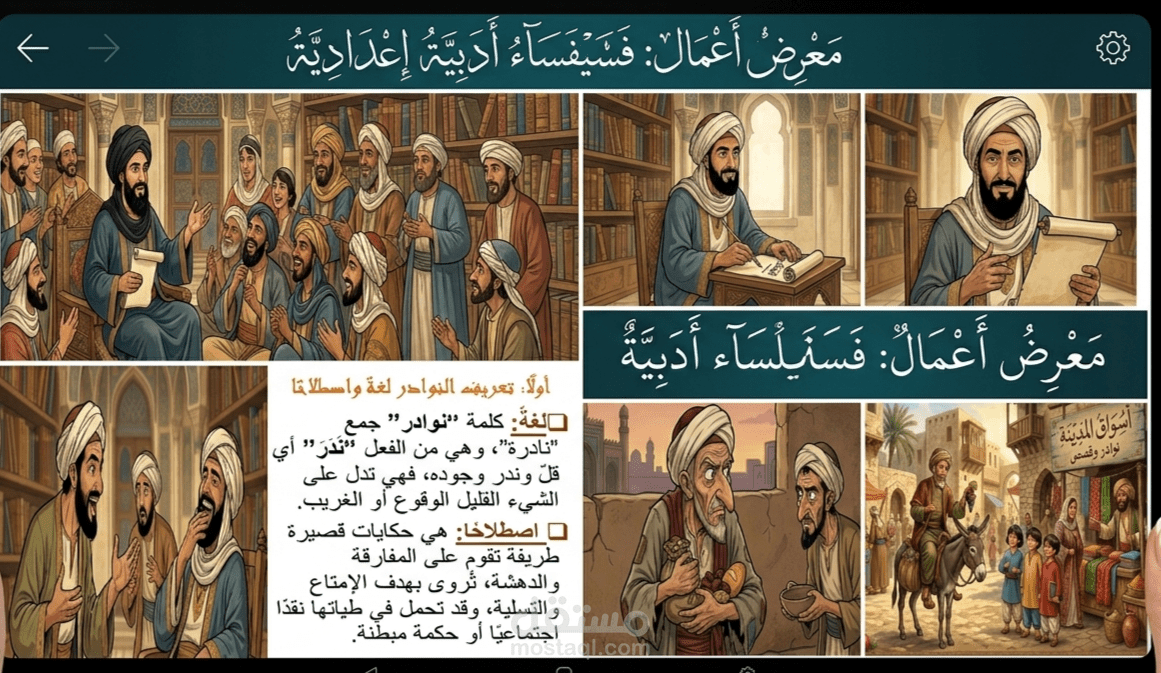 تصميم عرض تقديمي تعليمي (PowerPoint) حول الأدب العربي بطابع بصري حديث.
