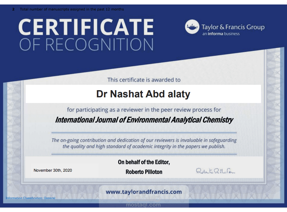 تحكيم علمي دولي – Taylor & Francis (International Journal of Environmental Analytical Chemistry)