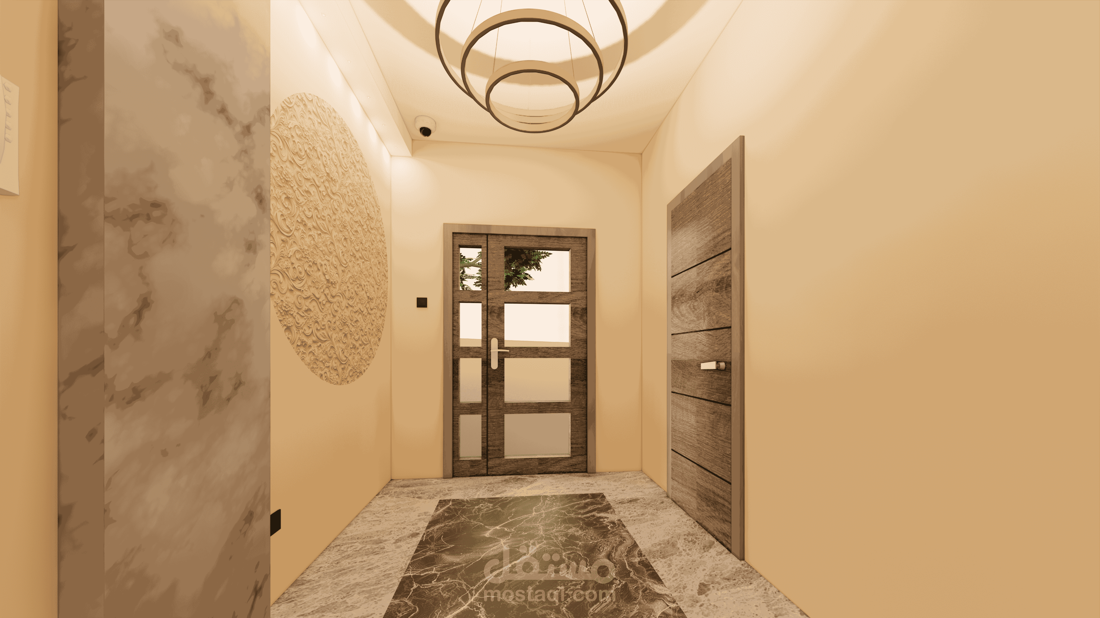 تصميم داخلي لمنطقة مدخل يجمع بين الحداثة واللمسات الكلاسيكية