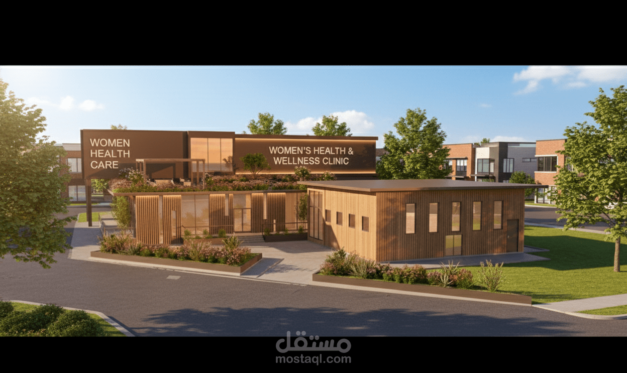 تصميماً هندسياً خارجياً (Architectural Exterior) لعيادة متخصصة في صحة المرأة، يدمج بين حداثة التصميم ودفء الخامات الطبيعية لخلق بيئة ترحيبية ومريحة