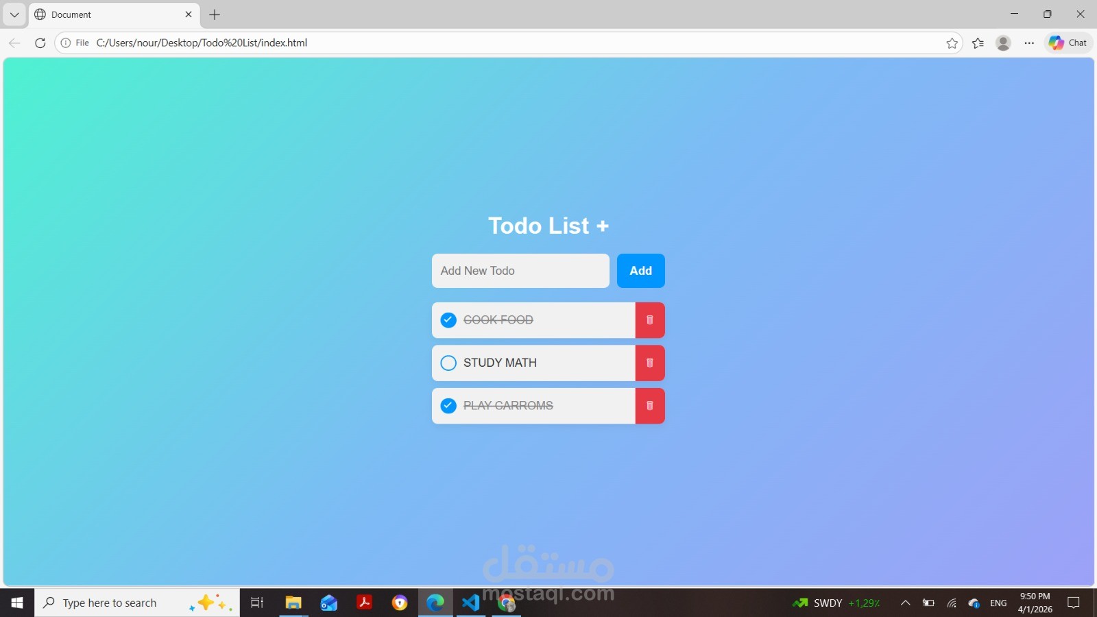 تطوير واجهة مستخدم لتطبيق قائمة مهام تفاعلي (Interactive Todo List App Webpage)