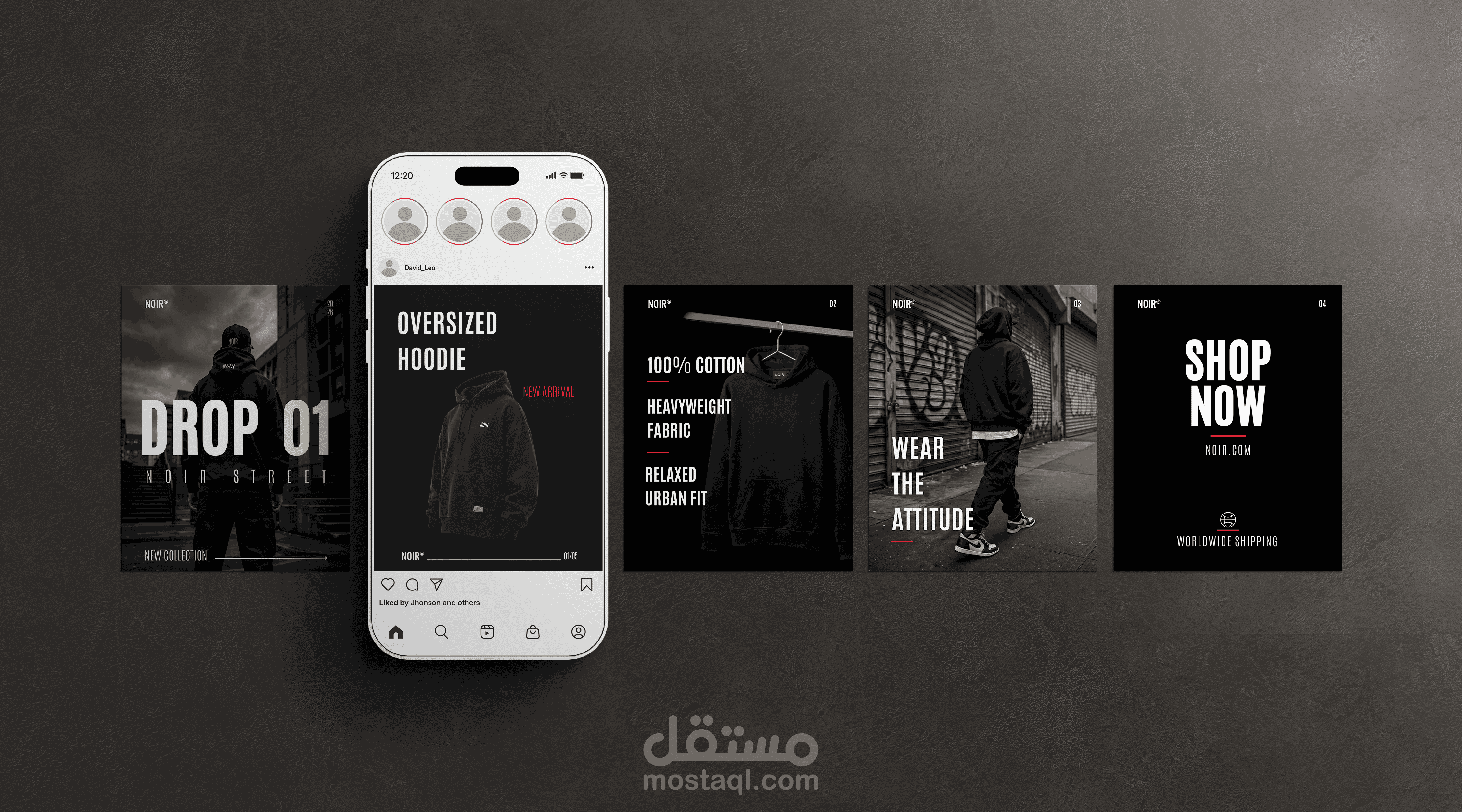 تصميم كاروسيل (Carousel) احترافي لإطلاق براند ملابس شبابية NOIR