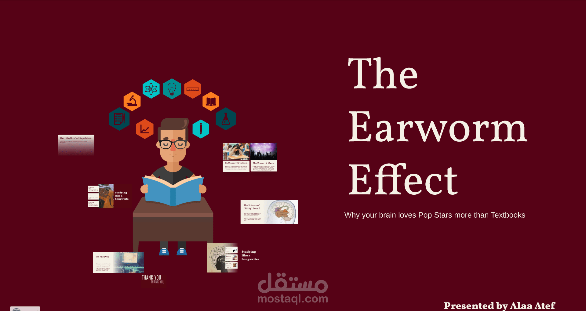 عرض تقديمي إبداعي يشرح تأثير الموسيقى على الذاكرة والتعلم بأسلوب بصري جذاب