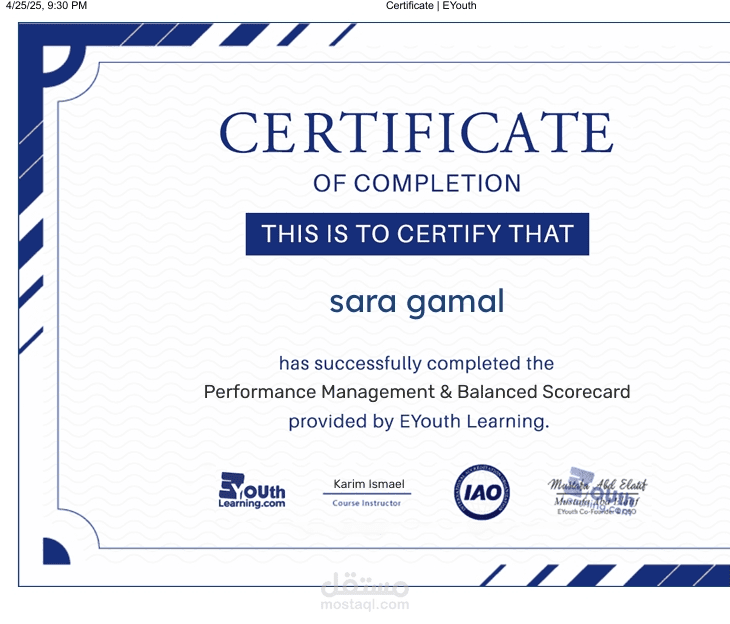 completion  course about Performance Management & Balanced Scorecard